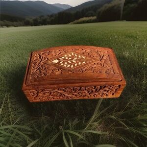 Vintage 1970s Hand Carved Indian Rosewood Box Arched Lid 🐪 bone Inlay EUC Rare